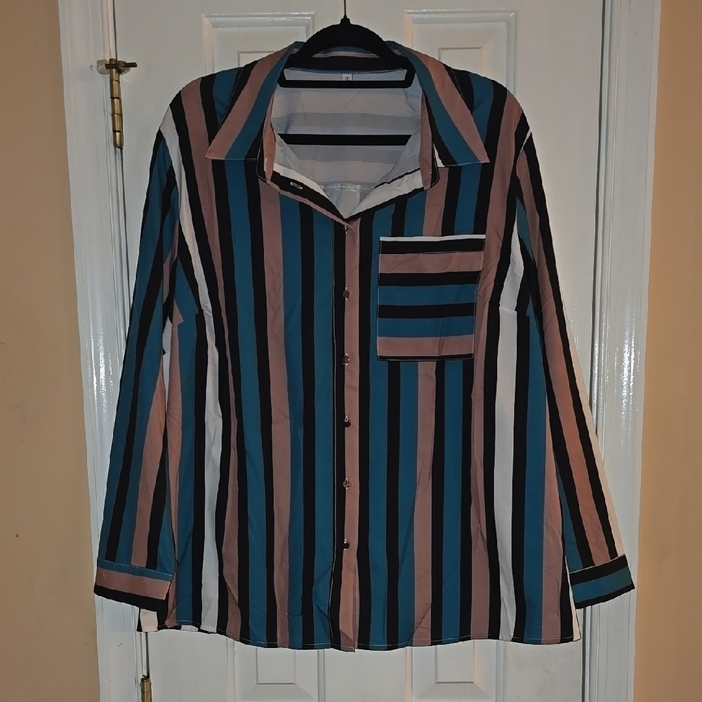 Chic Striped Button Down Shirt in Blue, Black, and Tan